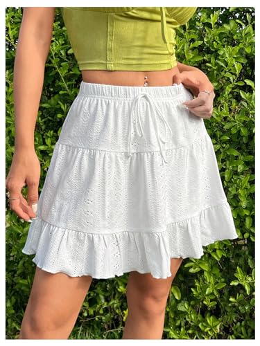 Verdusa Women's Eyelet Tiered Ruffle Skirt A Line Drawstring Waist Short Summer Skirts2