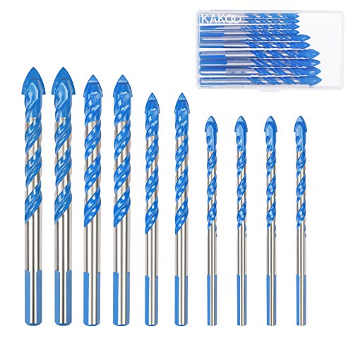 Masonry Drill Bit Set KAKOO 10 PCS Tungsten Carbide Tipped Ceramic Tile Drill Bits Assorted Size Twist Drill for Concrete Brick Glass Plastic and Wood