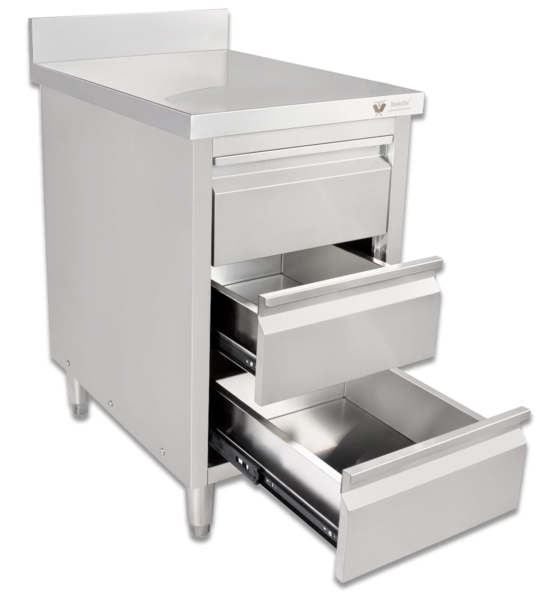 Beeketal 'BSS-70A' Gastro Küchenschrank Edelstahl mit Schubladen (B/T/H) ca. 50 x 70 x 95 cm, Schubladenschrank mit 3 Schubladen, Arbeitsfläche mit Aufkantung und fein justierbaren Standfüßen