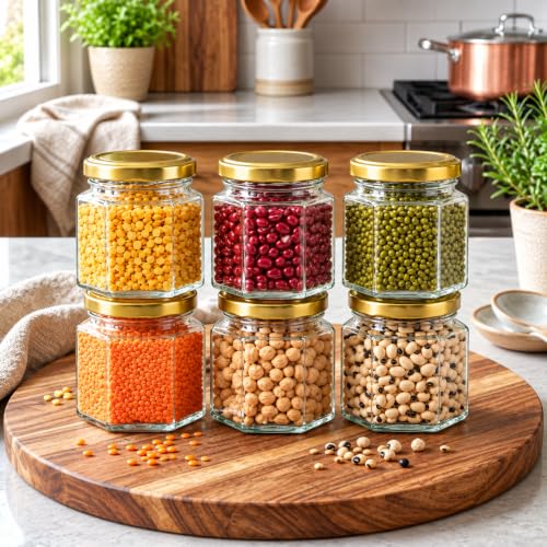 Image of NATURALSPOON Hexagon Glass Jar & Container with Rust Free Air Tight Lid, Suitable for Use in Your Home Office, Kitchen Storage /Glass Jar for Kitchen 250 ml (Gold lid, 6) (6 PCS)