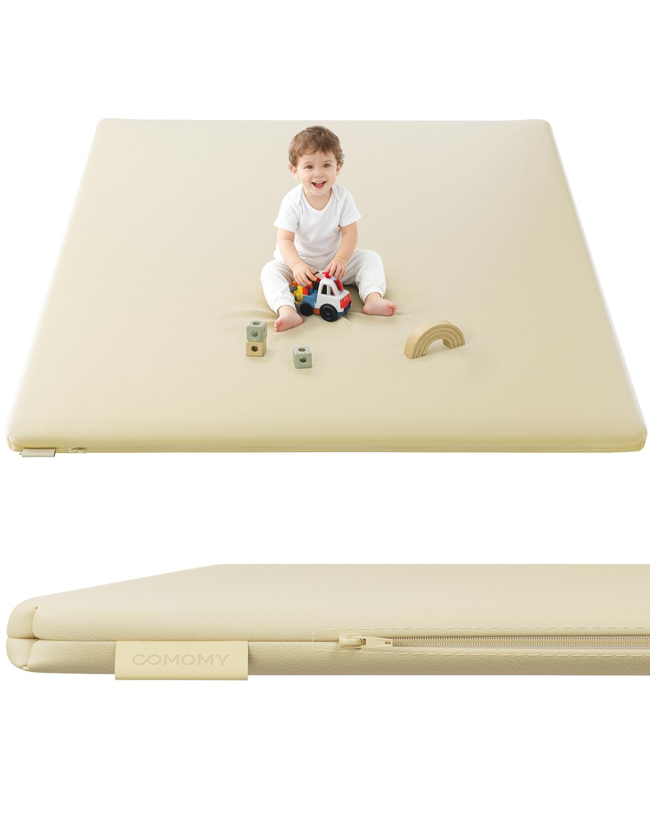 COMOMY Veganes Leder Krabbelmatte Baby, 127x127x3 cm Krabbeldecke für Baby, Extra Dicke und Weiche Schaum Spielmatte Baby Kinder, Wasserdicht & Rutschfeste Baby Play Mat für Laufstall (Elfenbein)