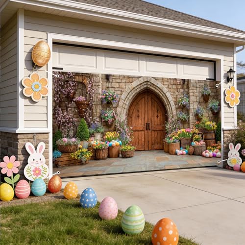 Image of Spring Castle Door Garage Cover 157x70 inch Floral Baskets Colorful Eggs Stone Arch European Outdoor Mural Banner Waterproof Home Decor