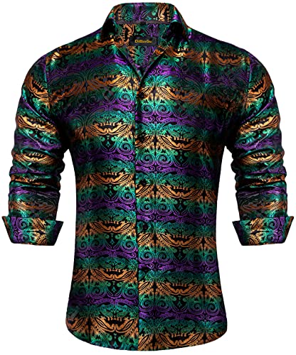 DiBanGu Mens Silk Gold Green Purple Paisley Dress Shirt Casual Formal Long Sleeve Button-Down Shirts for Wedding Party Gold S