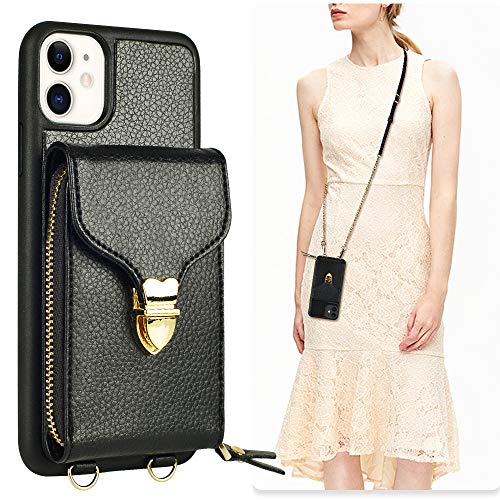 iPhone 11 Wallet case, JLFCH iPhone 11 Crossbody Case with Zipper Card Slot Holder Wrist Strap Shoulder Chain Leathe Handbag Purse Cover for Apple iPhone 11 6.1 inch 2019 - Black