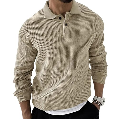 Men's Lapel Button Knitted Pullover Classic Long Sleeve Waffle Male Knit Sweater Casual Textured Knits Sweaters2