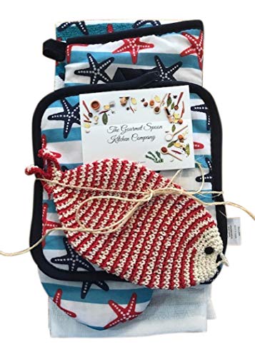 Nautical Beach Ocean Kitchen Dish Towel Oven Mitt Pot Holder Set with Fish