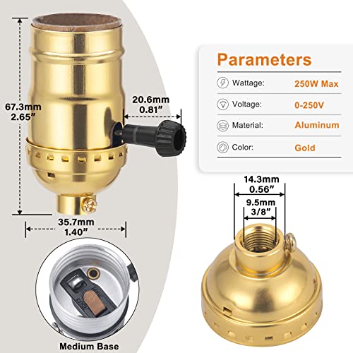 dicuno ul listed 3-way lamp socket replacement e26 standard threaded base light socket turn switch knob for low-medium-high light settings diy project table floor lamp repair kit 1-pack gold