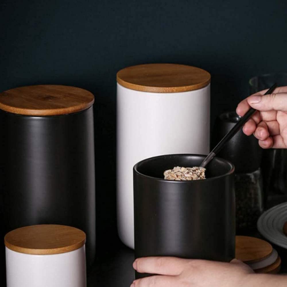 Keramik Tee Vorratsdose mit luftdichtem Holzdeckel Keramik Trockenfutter Vorratsdose Dose Tee Zuckerspender zum Servieren von Tee Kaffee Gewürz-Blanc 10.3 * 14.5CM