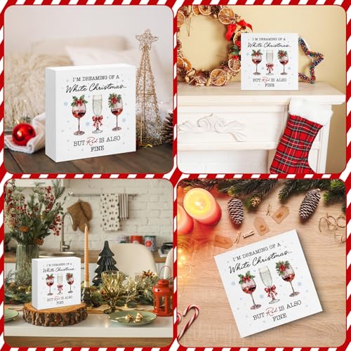 Image of Christmas Wine Decor, Wine Wood Box Sign, Drinks Lovers Gifts for Women Men, Farmhouse Christmas Home Office Decorations for Desk Table Shelf 5 X 5 Inches