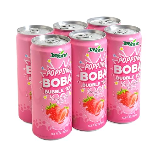 Jayone Strawberry Popping Boba Bubble Tea Can, Made with Real Fruit Juice & Black Tea, Bursting Popping Tapioca Pearls, 0% Fat & Cholesterol, Ready-to-Drink, 6 Pack (10.8 fl oz Each)