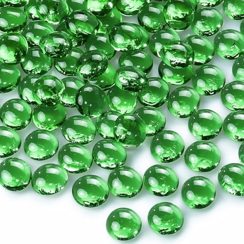 CYS EXCEL Green Glass Gemstone Beads Vase Fillers (1 LB) Flat Marble Beads Multiple Color Choices Aquarium Decor Rocks Floral Stones Decorative Mosaic Glass Gem Pebbles (Approx. 85-100 PCS)