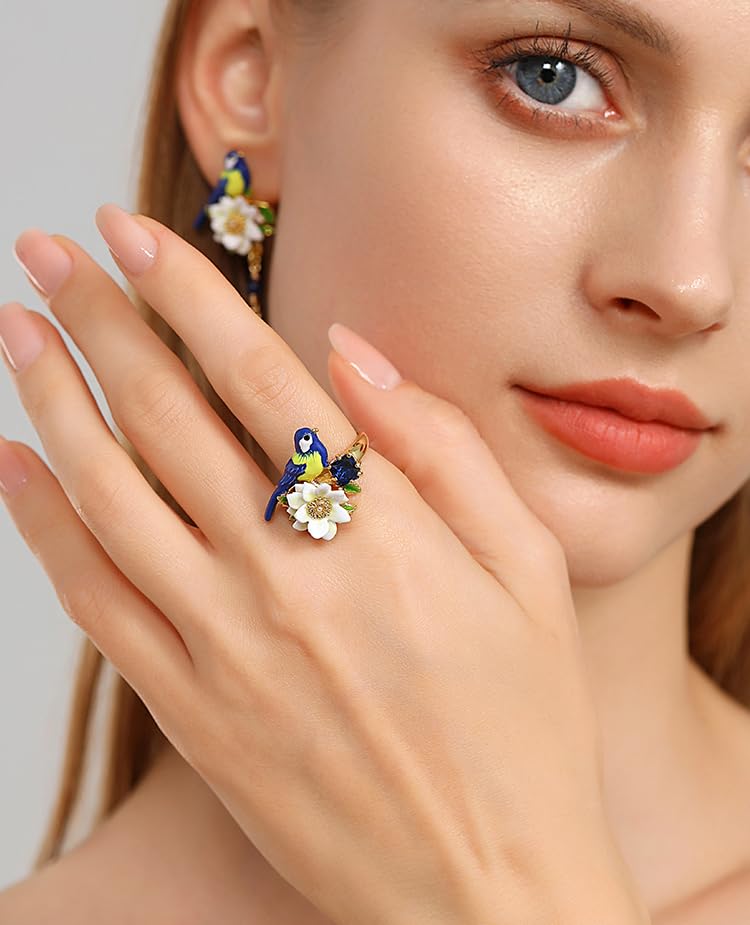 Bird And Flower Enamel Adjustable Ring Handmade Jewelry Gift Juicy Grape3
