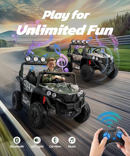 ELEMARA 2 Seater 24V Ride on Toys for Big Kids,XL Ride on Car with Remote Control,Max Capacity 130lbs Battery Powered Kids car,5 Mph Max,4-Wheeler Suspension,Bluetooth,Rainbowlight*4,Camouflage Green