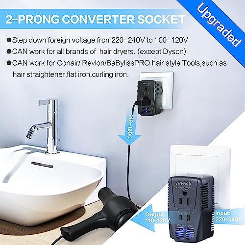 220V to 110V Converter, 2000W Travel Voltage Converter for Hair Dryer Straightener Curling Iron,10A Power Adapter is Easy to Carry for National Travel,with 2USB and UK/EU/AU Plugs4