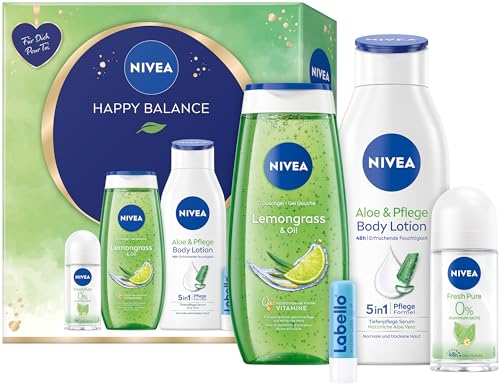 NIVEA Happy Balance Geschenkset, Pflegeset mit feuchtigkeitsspendenden Pflegeprodukten, Geschenkbox mit Pflegelotion, Pflegedusche, Deo Roll-On und Labello