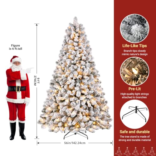 Image of SHareconn 9ft Snow Flocked Spruce Pre-lit Artificial Christmas Tree, White | 550 Warm White Incandescent Lights, 1810 Branch Tips, Foldable Metal Stand, Full Snow Flocked Xmas Tree for Holiday Decor
