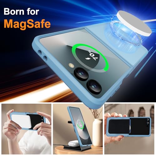 Image of ORETECH Magnetic for Samsung Galaxy Z Flip 7 Case, with [2 x Screen Protector] Translucent Back Non-Slip Hard PC Shockproof Bumper Protective Case for Samsung Z Flip 7 - Sierra Blue