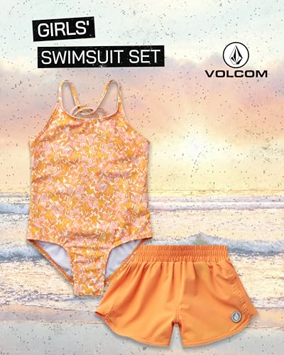 Volcom Girls' Swimsuit Set - UPF50+ Quick-Dry Girls One Piece Swimsuits with Matching Swim Shorts for Swimming (Sizes: 2T-16)2