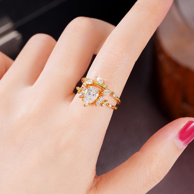 Hsitgexf Yellow Gold-Plated Pear Shaped Cut Cubic Zirconia Solitaire Engagement and Marquise Cut Wedding Band Ring for Women Two-Piece Bridal Stack Ring Set Sizes 6-10(6) - Image 8