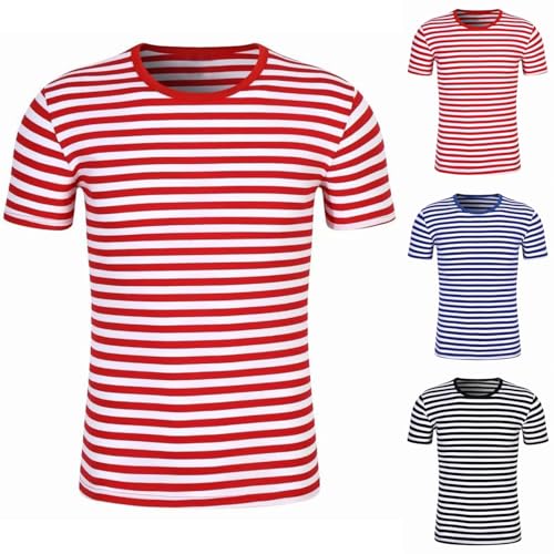 Costume de carnaval pour homme - Unisexe - T-shirt à rayures rouge et blanc - Col rond - Manches courtes - T-shirt rayé en coton - Pour homme et femme -...