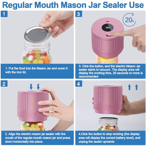 Electric Mason Jar Vacuum Sealer Kit for Wide Mouth and Regular Mouth Mason Jar - Pink