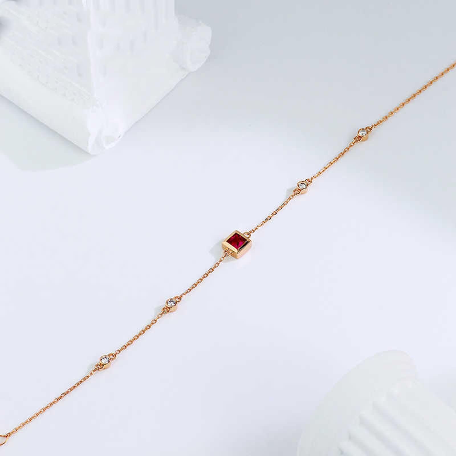 Pulseras de Oro Rosa 9K / 14K / 18K Mujer, Cuadrado con Rubí y Diamante, Cadena Extensible 16 CM + 5 CM, Pulseras Oro Rosa Ajustable Mujer