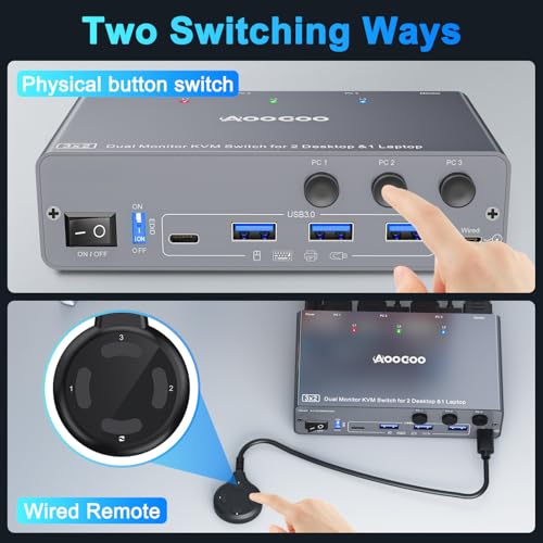 Image of USB C KVM Switch 4K@60Hz,Dual Monitor USB C HDMI DP KVM Switch for 2 PC and 1 Laptop Sharing 2 Monitor and 4 USB3.0 Devices, PD Power for Laptop with Wired Remote Control and USB Cables, Grey 14cm