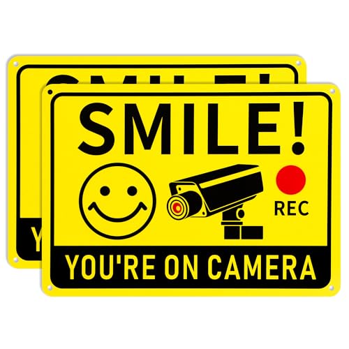 2 Pack Smile Youre on Camera Signs Video Surveillance Signs Outdoor 10x7 Rust-Free Aluminum Warning Sign UV Printed Weatherproof Security Camera Sign for Home Business Fence Driveway CCTV