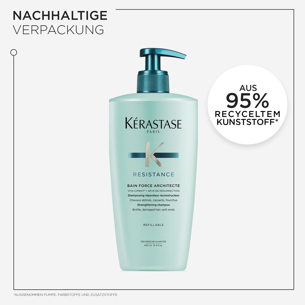 Kérastase Résistance Bain Force Architecte Nachfüllset, Regenerierendes Shampoo bei geschädigtem Haar, Enthält: Résistance Bain Force Architecte 500 ml im Pumpspender sowie 500-ml-Nachfüllpackung