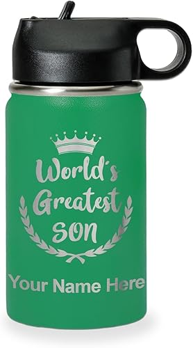 Miniatura 55 de LaserGram Botella de agua con tapa abatible de doble pared de 20 onzas con pajilla, el hijo más grande del mundo, grabado personalizado incluido
