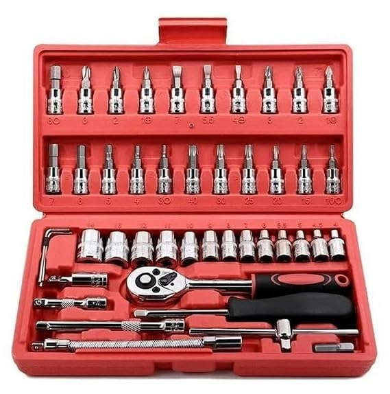 ZENTHICS DIY Tool Kit 46 Pieces Power Hand Tools Metric Socket Wrench Multi-Purpose Set 1/4 Inch Drive Sockets With Reversible Ratchet & Extension Bars For Mechanics, Household, Car & Bike Repairing