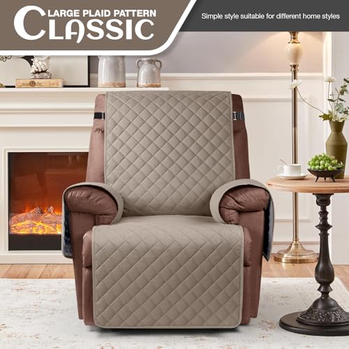 Image of KinCam 100% Waterproof Recliner Chair Cover, Reclining Couch Covers for Pets, Dogs, Recliner Couch Slipcover Furniture Protector with Elastic Straps for Kids(23.6 inch, Taupe)