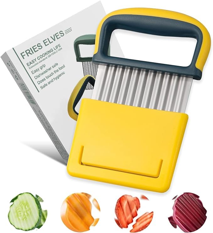 Cortador frito amarillo, cortador de ondas, cortadores ondulados, corte de verduras con tapa para un fácil almacenamiento y limpieza