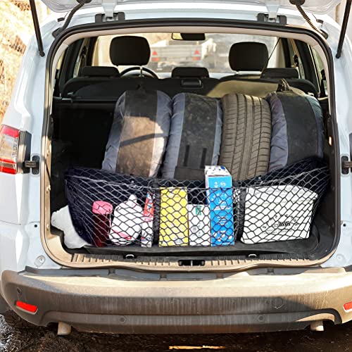 Buygoo 3 Pocket Cargo Net Trunk Bed Organizer, Black Mesh Storage Net With 4 Metal Hooks, Heavy Duty Cargo Net For Suv, Cars, Pickup Truck Bed, 43.3×11.8 Inch #TOP6