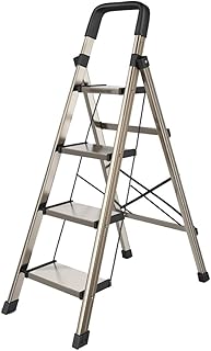 Ladder Step Ladders 4 Step Ladder Folding Step Stool Stepladders with 7” Wide Pedal and Safety Handgrip Lightweight Aluminum Ladder for Kitchen(Gold)