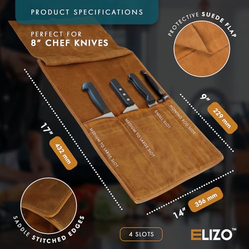 Image of ELIZO Personalized Premium Full Grain Leather Chef Knife Roll, 17L x 14W Inches Knife Storage Travel Case, Professional Custom Monogram Embossed Chef Knife Case - Holds 4 Chef Knives