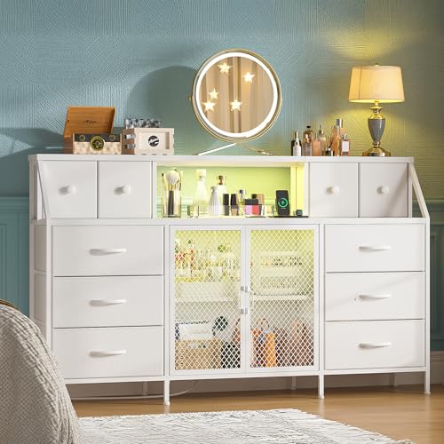 EnHomee White Dresser with 10 Drawers, LED Lights, and Power Outlets for Bedroom and TV stands