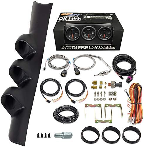 GlowShift Diesel Gauge Package Compatible with Dodge Ram Cummins 2500 3500 1994-1997 - Black 7 Color 60 PSI Boost, 1500 F Pyrometer EGT & 30 PSI Fuel Pressure Gauges - Black Triple Pillar Pod