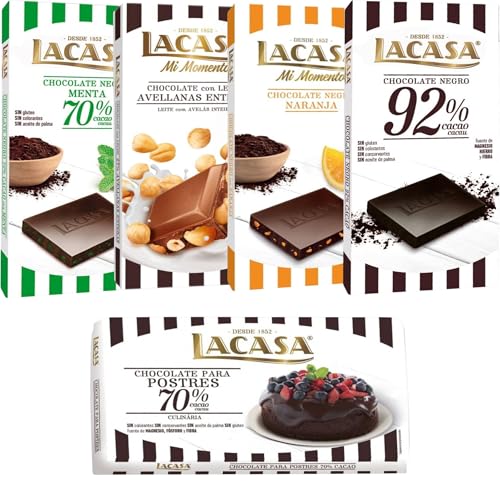 Lacasa pack 5 tabletas de chocolate:leche avellanas , naranja chocolate negro , menta y chocolate ,cacao 92% ,culinaria 200g