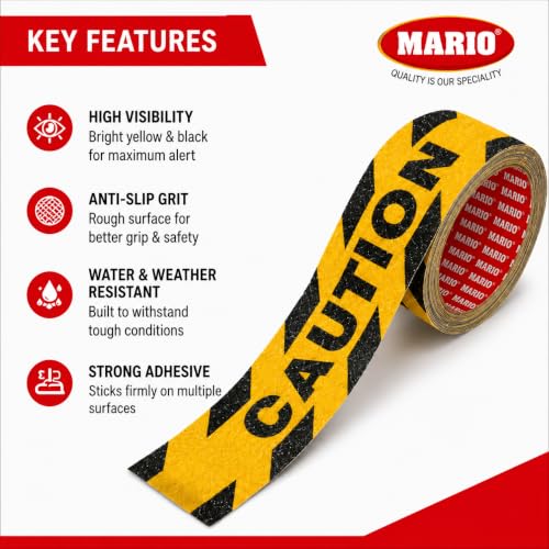 Image of Mario Caution Anti Skid Anti Slip Tape 50mm (2 Inch) x 5m | High Traction Waterproof Safety Grip Tape for Stairs, Ramps, Warehouse, Factory, Parking & Loading Areas | Indoor Outdoor Slip Resistant