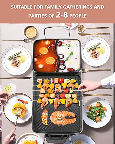 Moongiantgo Hot Pot With Grill 2000W Hotpot Pot Electric With Grill Indoor 5-Fires Adjustable Seperate Dual Temperature Control Non-Stick Shabu Shabu Pot Korean Bbq Grill Smokeless (Stainless Steel Handle, 110V) #TOP4