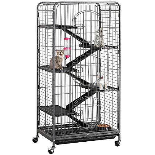 Yaheetech 52” 6 Level Metal Rolling Cat Kitten Cage Critter Cage with 3 Front Doors Feeder Wheels Small Animal Cage Hutch Indoor Outdoor,Black