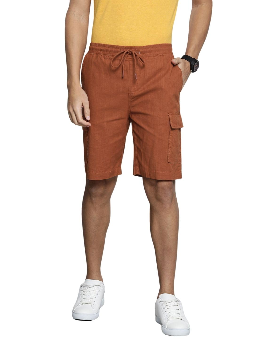 SASSAFRAS Men Slim Fit Solid Mid-Rise Cargo Shorts in neutral