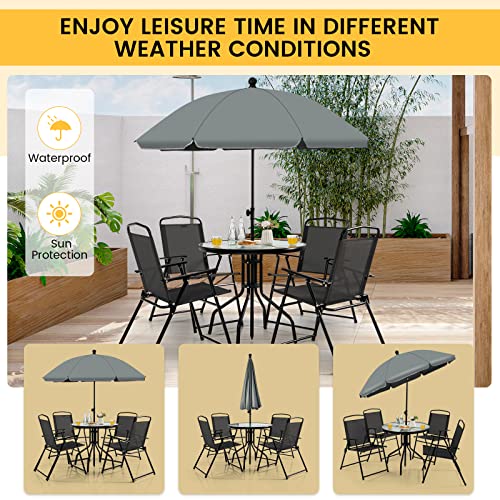 GIANTEX Ensemble de salle à manger de patio, ensemble de meubles de patio avec parasol, table à café avec plateau en verre trempé et 4 chaises pliantes pour l'extérieur, terrasse, cour, porche – Image 4