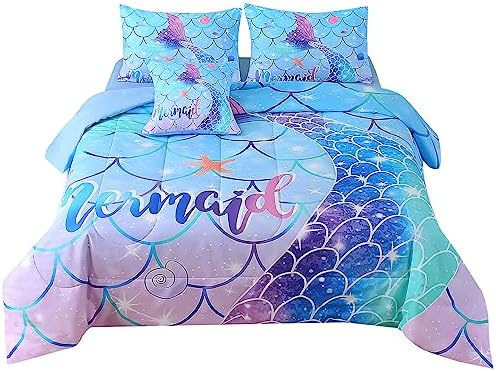 JQinHome Mermaid Comforter Set Twin Size, 6 Piece Mermaid Tail Bed in A Bag,3D Colorful Mermaid Bedding Set for Girls Kids, Sparkle Teal Bedroom Decor Bedding Set with Sheets (Blue)