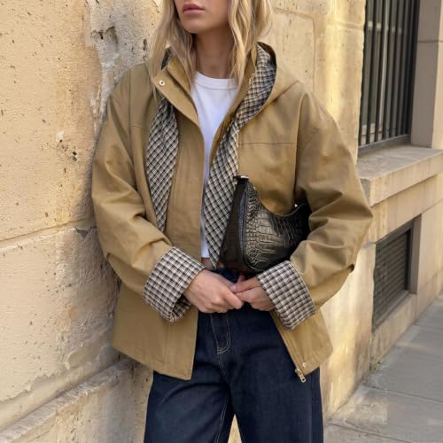 Cropped Trench Coat for Women Fall Rain Jacket with Detachable Plaid Hood - image 2