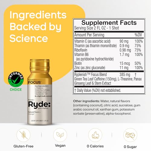Image of Ryde: Focus Shot | Orange Flavor | L-Theanine & Ginseng | Green Tea Caffeine | Vitamins B2 & B7 | 0 Calories, 0 Sugar | 2 FL OZ Shots | Supports Focus* (8 Pack)