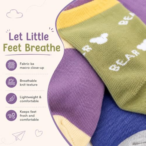 Image of Kids Cotton Crew Socks for Boys & Girls (3-5 Years) | Soft Breathable Cotton Blend Daily Wear Socks | Bear Love & Hello Print | Comfortable Crew Length | Pack of 6 | Multicolour