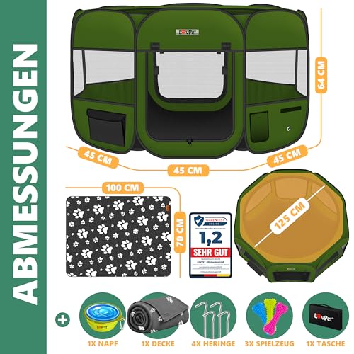 Lovpet® Welpenlaufstall Tierlaufstall Faltbar für Kleintiere Hunde, Katzen Inkl. Hundenapf und Fleece Decke Hundelaufstall Freigehege Oxfordgewebe Pop-up System Indoor & Outdoor, Khaki