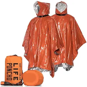 Go Time Gear Emergency Survival Life Poncho - 2 Thermal Mylar Space Blanket Rain Ponchos - Use in Camping, Hiking, Survival Gear & Bug Out Bag - Includes Survival Whistle & Paracord String
